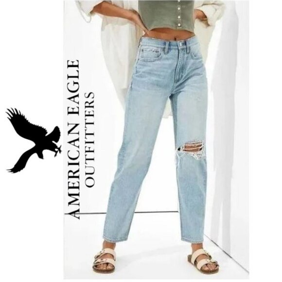 NWT American Eagle Ripped 90s Boyfriend Light Indigo High waist Distressed Jeans - Picture 1 of 16
